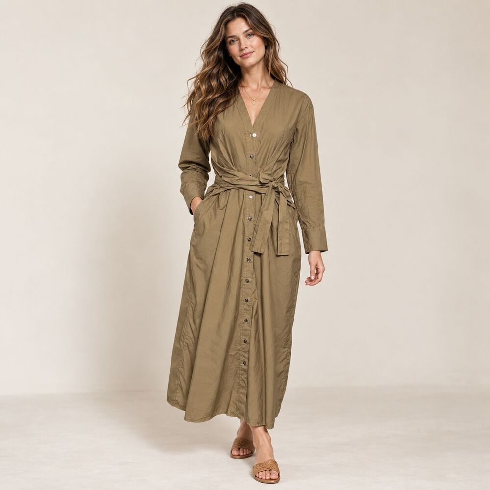 Xirena Clio Dress Size S Twine Brown Cotton Button Front Belted Maxi Shirt Dress